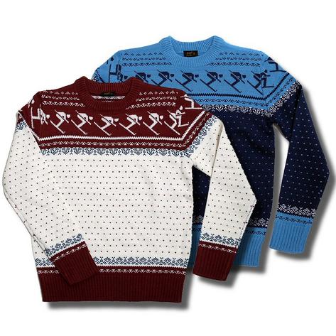 Pop 60's Retro Ski Jumper Snowflake Skiier Skiiing Burgundy / white & Navy / sky Preview